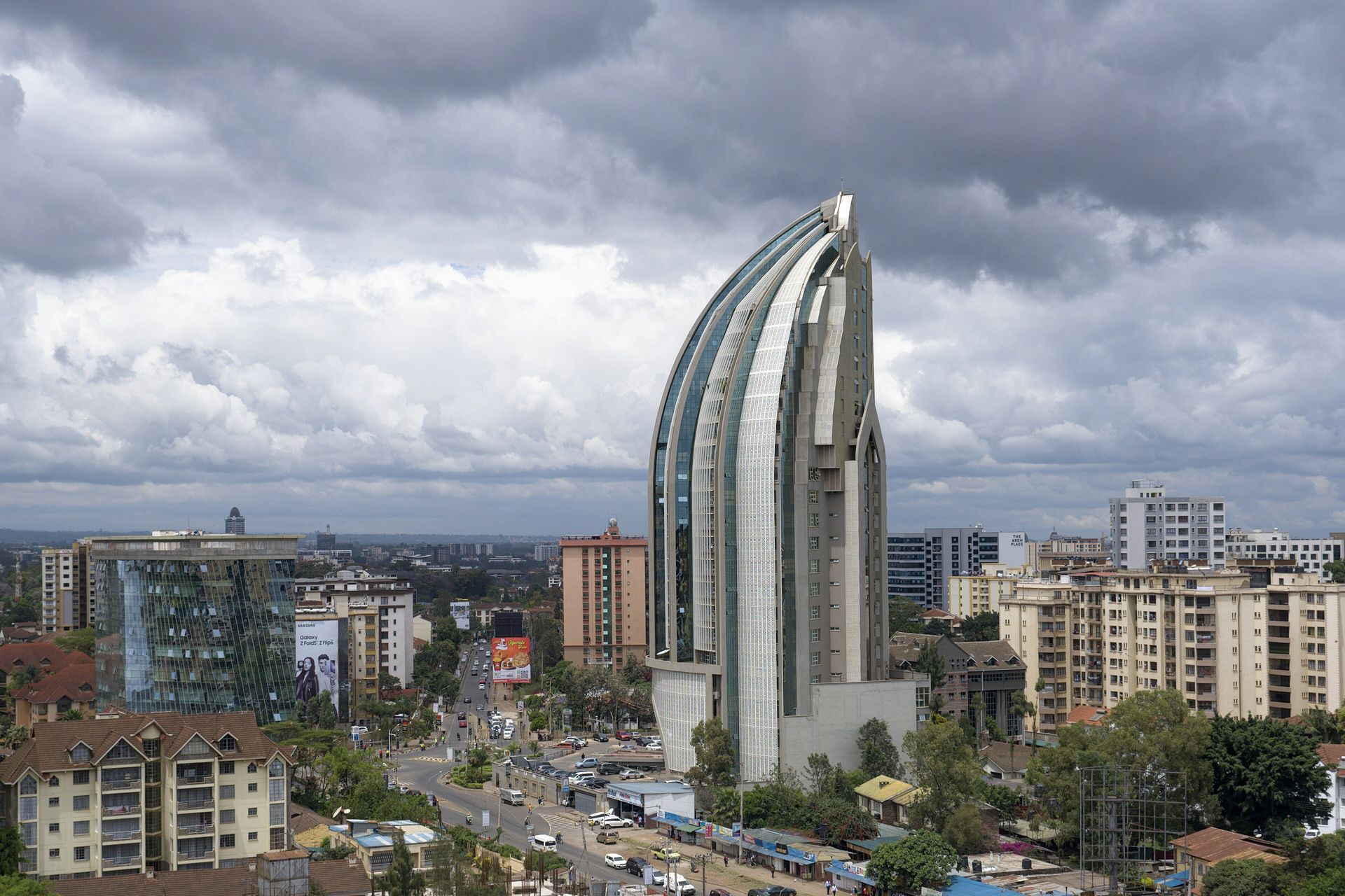 Aerial view of Nairobi's Westlands and Upper Hill with apartment blocks and office towers